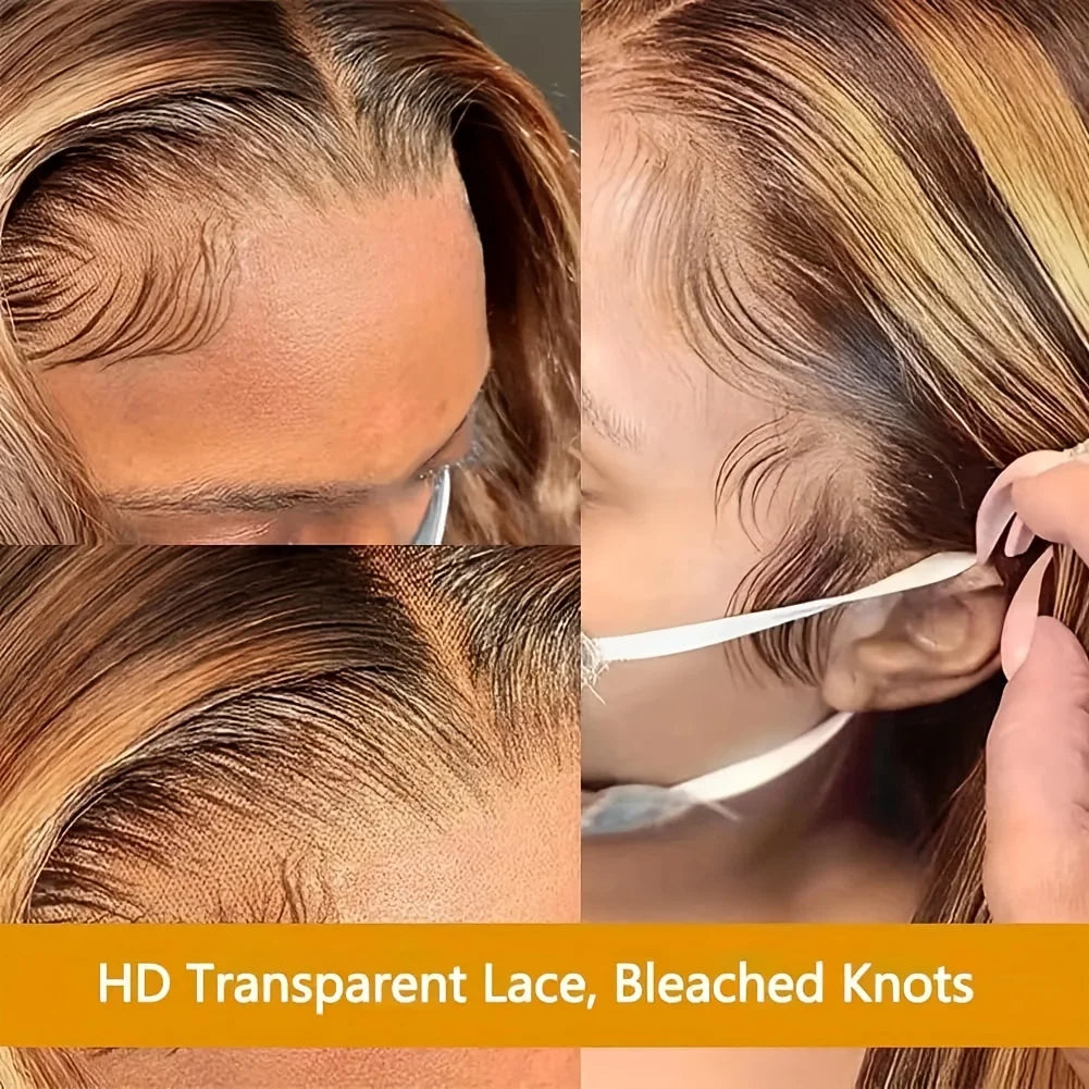 4×4 Short Bob 200 Density Highlight Body Wave HD Transparent Lace Brazilian Virgin Hair  Front Wig Human Hair Wigs glueless wigs
