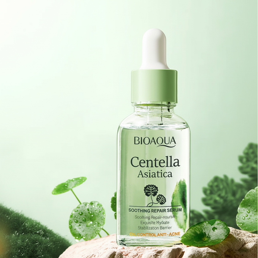 BIOAQUA Centella Asiatica essence bottle with green background and text highlighting benefits.