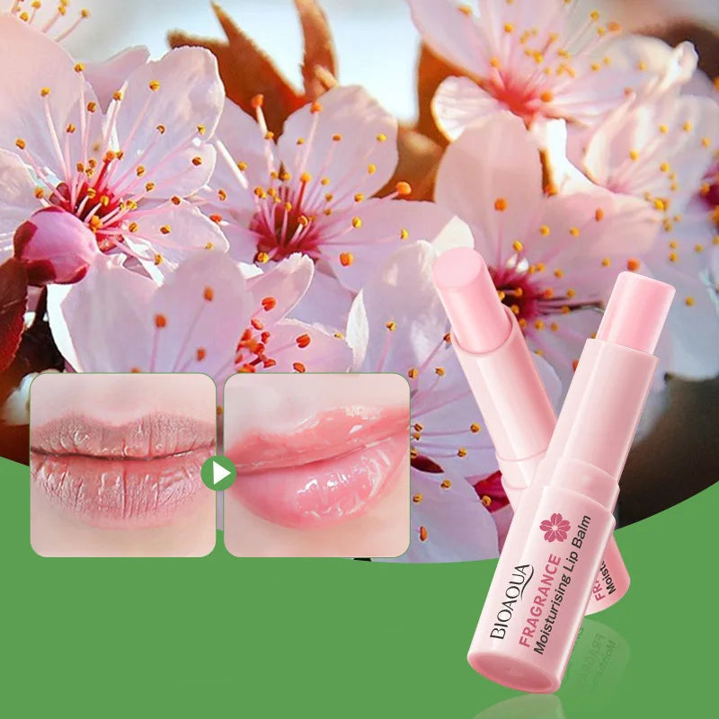 Lip balm with sakura design against cherry blossom background