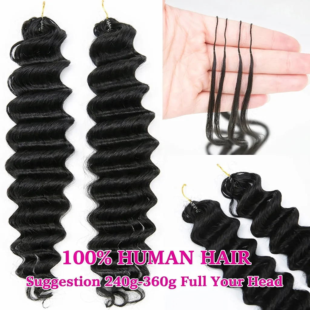 Deep Wave Crochet Human Hair Extensions Knotless Pre-Separated Deep Curly Human Hair With String Pre-Looped Reusable Feather