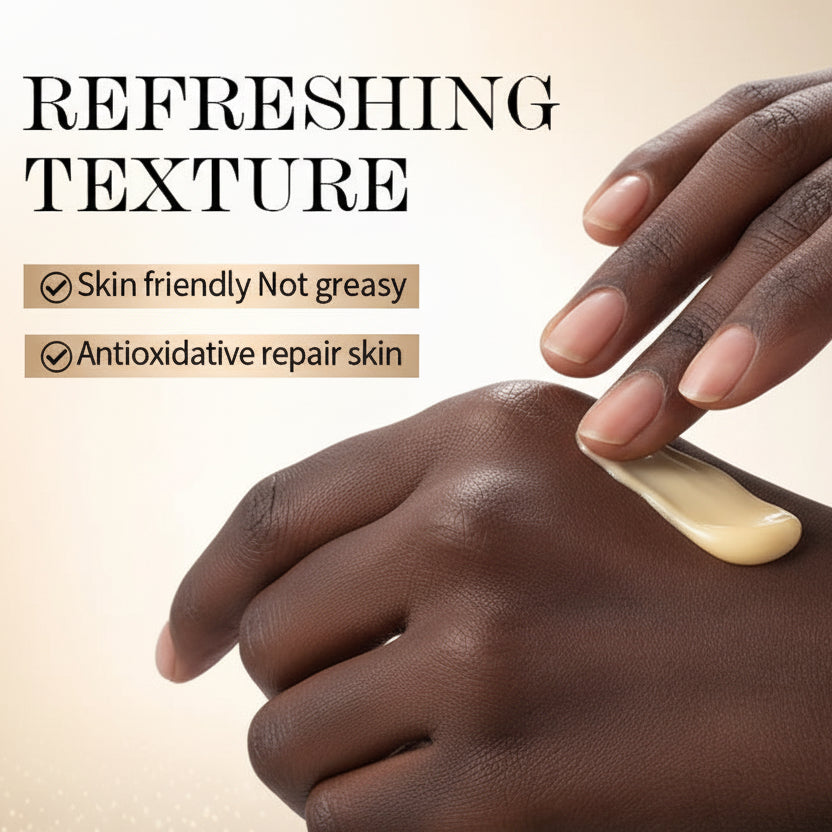 Hand applying cream to another hand with text about skin care benefits.
