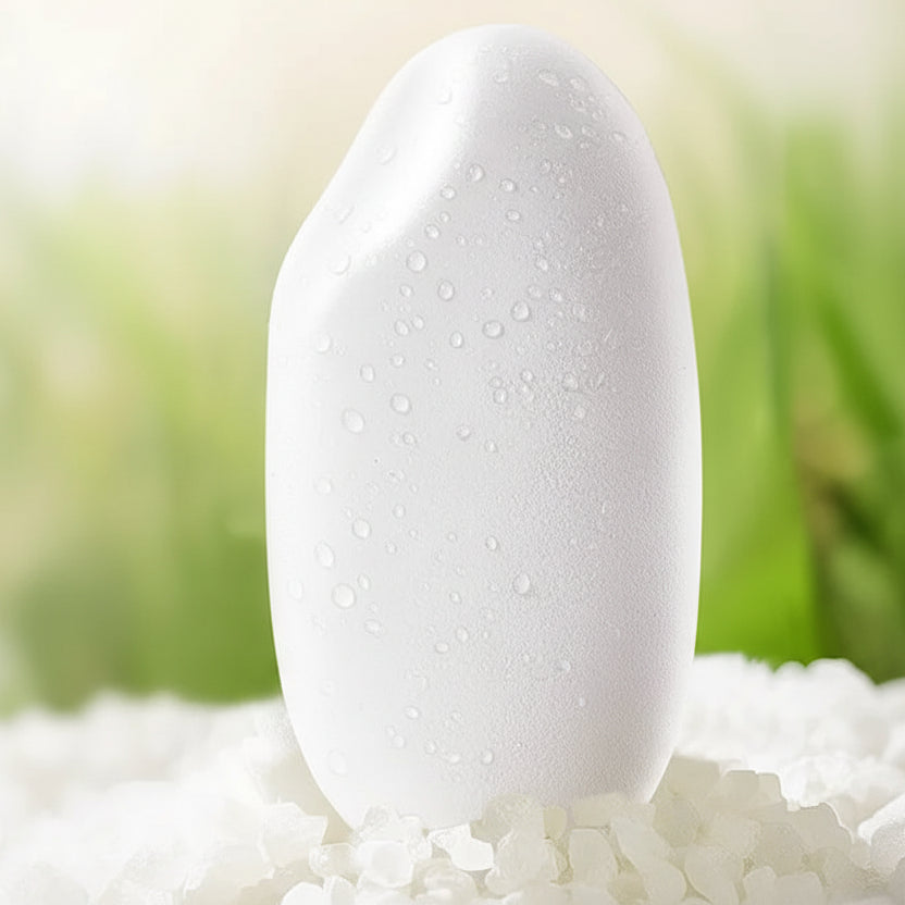 White cosmetic sponge with text and icons on a natural background