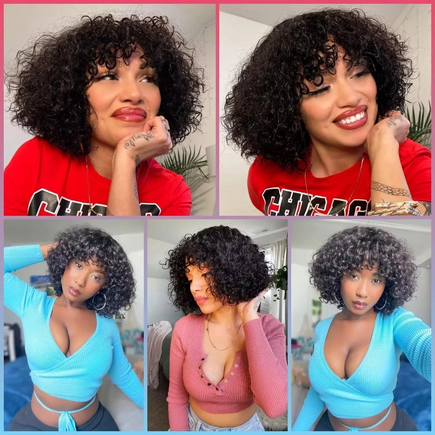 Curly Bob Wig with Bangs 12inch Short Curly Wigs for Women Human Hair 200% Density Water Wave Curly Brazilian None Lace Remy Wig
