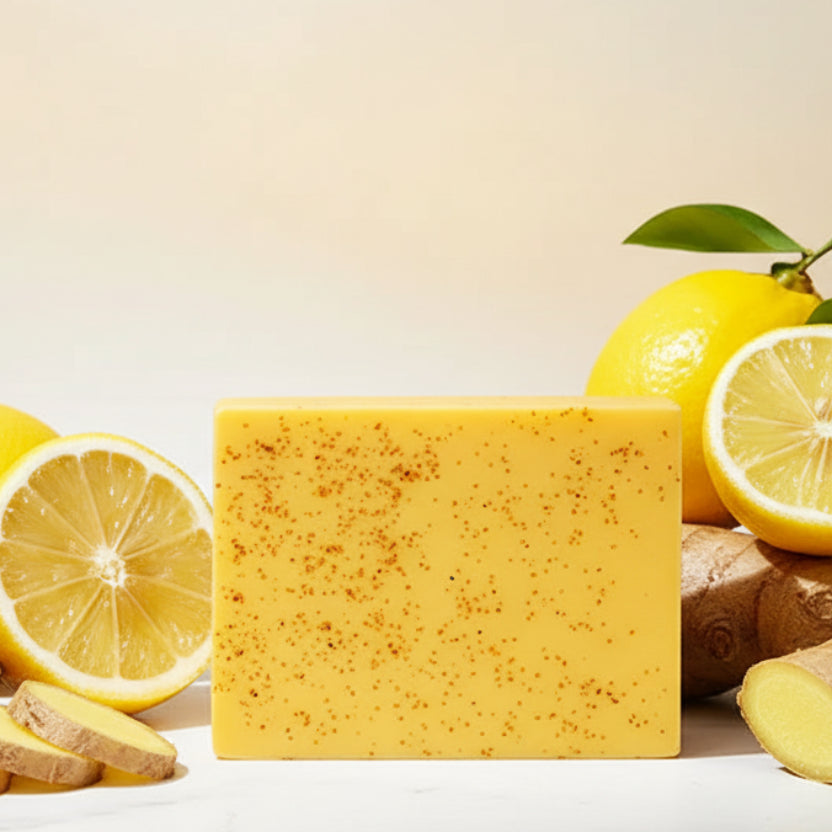 Sadoer Turmeric Lemon Kojic Acid Soap Bar with packaging, lemons, and ginger on a light background