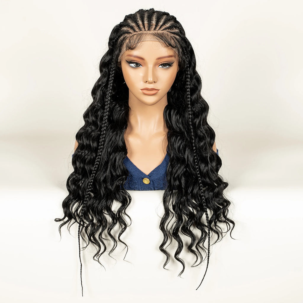 Fulani Braided Wig with Half Curly hair Synthetic 13x6 Transparent Lace Front Braided Wig Deep Wave Hair Wig for Women