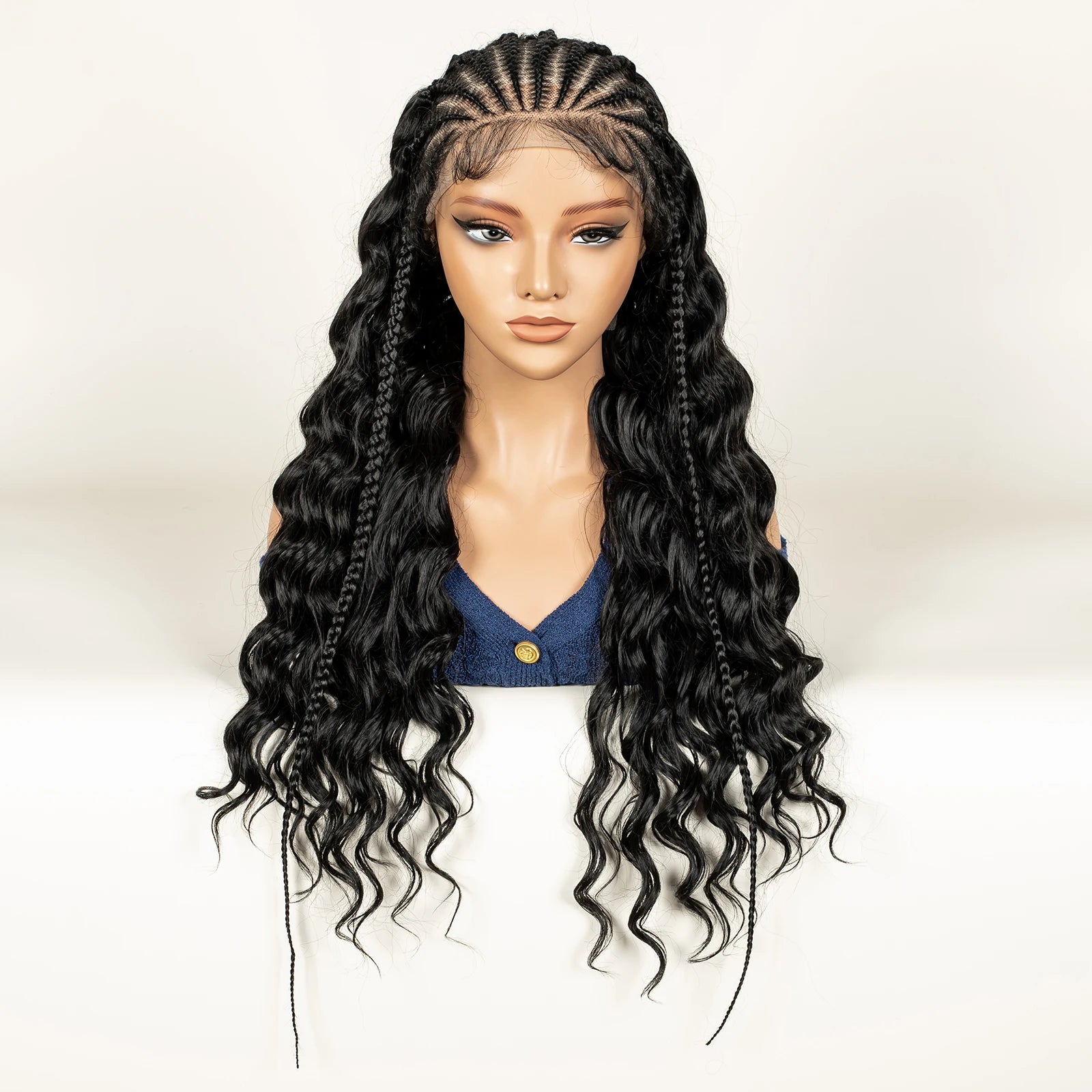 Fulani Braided Wig with Half Curly hair Synthetic 13x6 Transparent Lace Front Braided Wig Deep Wave Hair Wig for Women