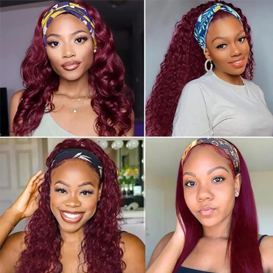 99J Burgundy Headband Wig Human Hair Deep Water Wave Headband Wigs Red Wine Curly Half Wigs Brazilian Human Hair Wigs for Women