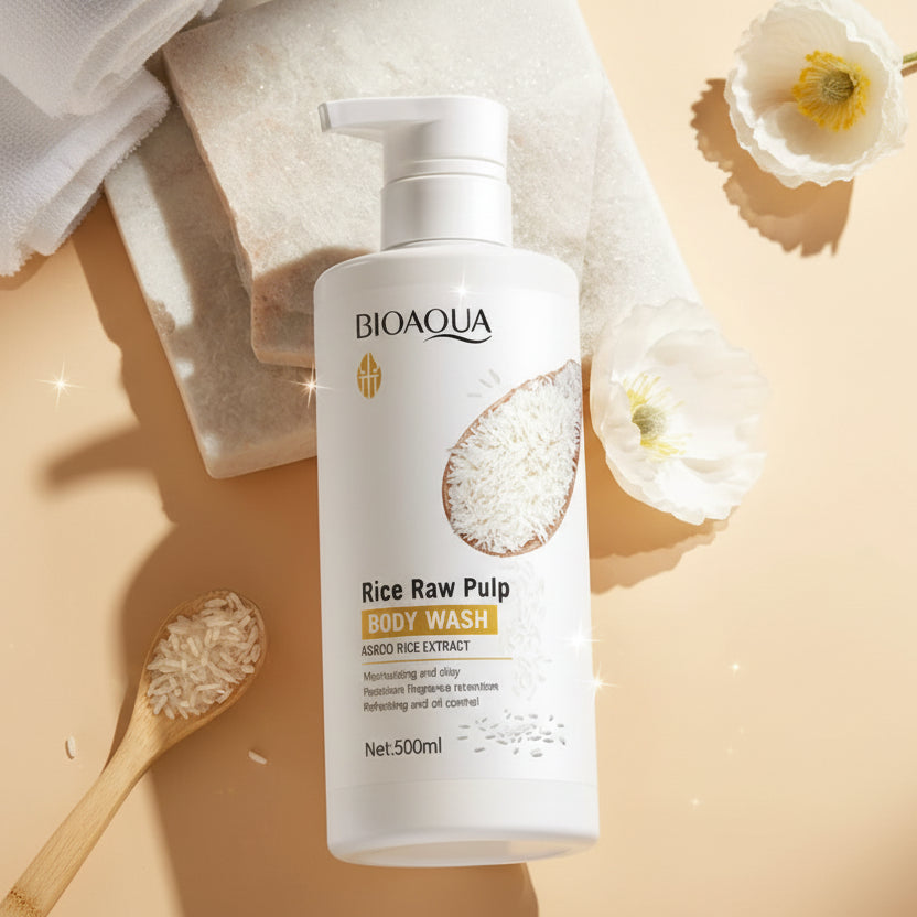 Bioaqua Rice Raw Pulp Body Wash bottle with rice raw pulp and wooden spoon on a beige background