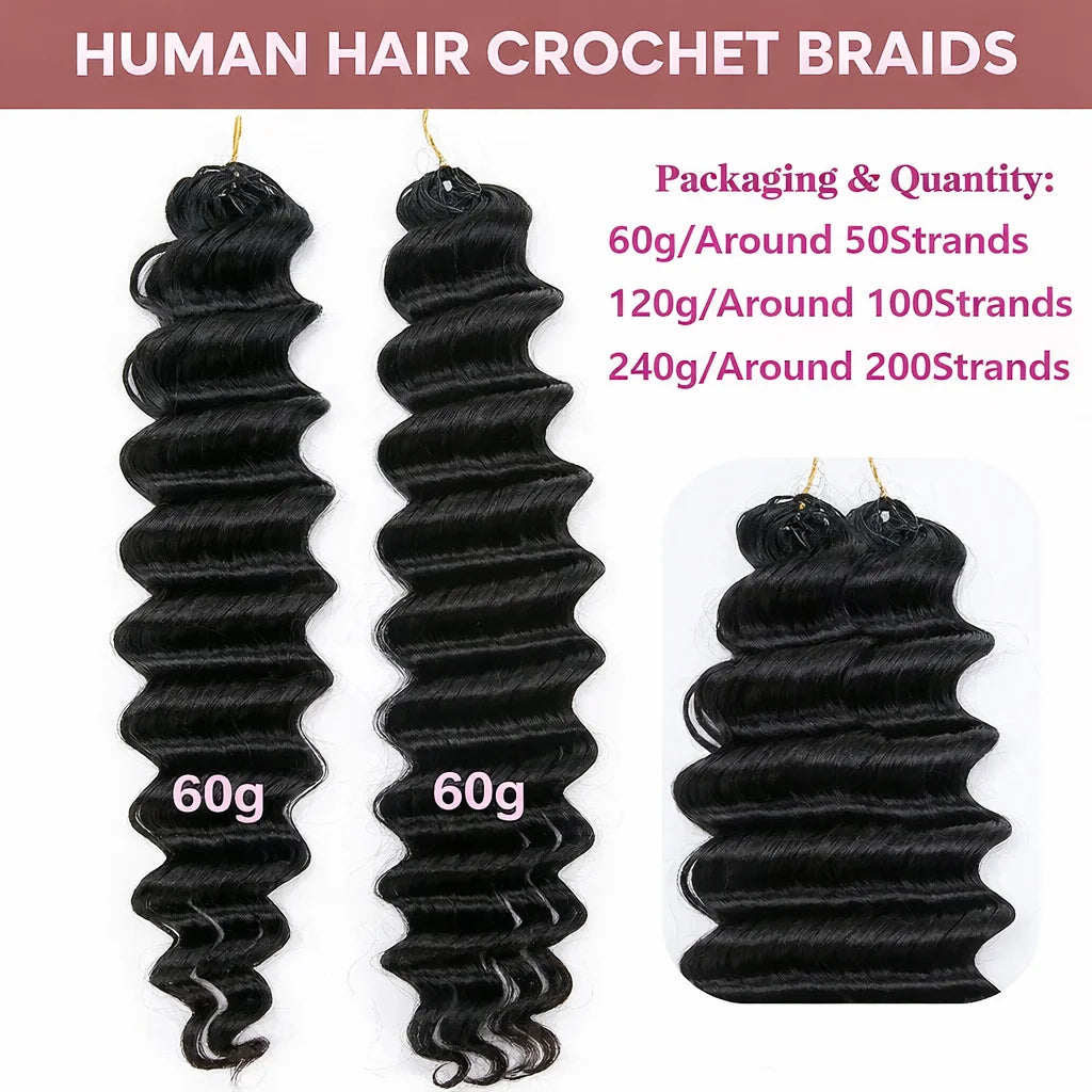 Deep Wave Crochet Human Hair Extensions Knotless Pre-Separated Deep Curly Human Hair With String Pre-Looped Reusable Feather